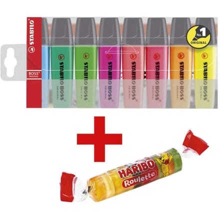 STABILO BOSS ORIGINAL Markeerstiften, Set van 8 in verschillende heldere kleuren voor het markeren van teksten.