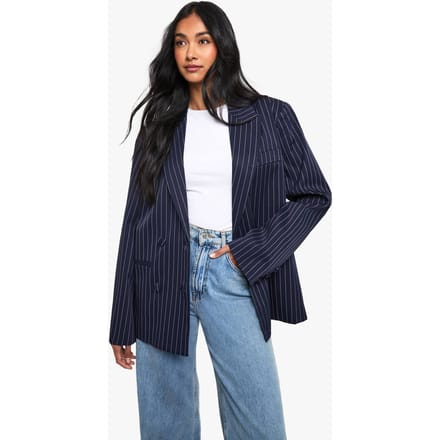 boohoo Dames Fijn gestreepte dubbelrevers oversized getailleerde blazer | Marineblauw | Maat: 42