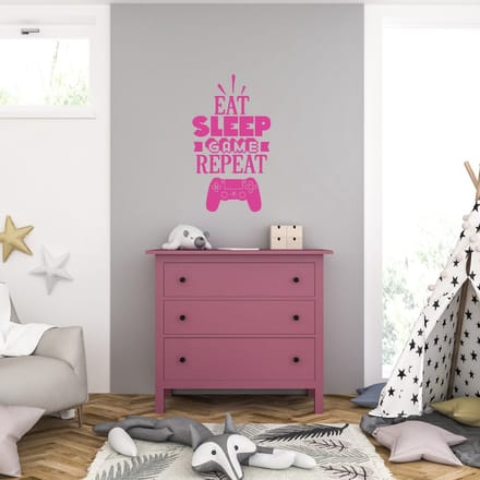 Muursticker - Eat Sleep Game Repeat - 40,6 x 70,7 - Roze