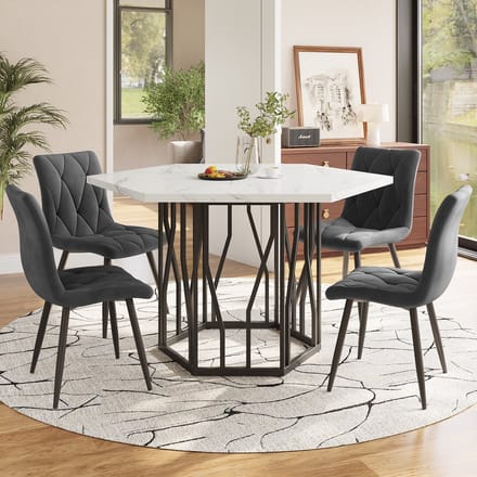 REDOM - Eethoekset - Zeshoekige Eettafel En 4 Eetkamerstoelen - Modern - Eetkamer - MDF En Staal - Zwart En Grijs