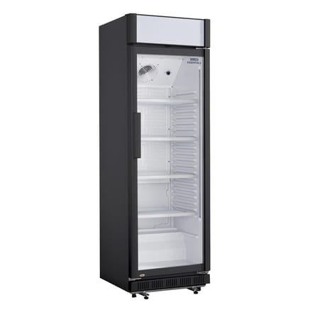 Nisbets Essentials staande displaykoelkast zwart met lichtbak, 354 L