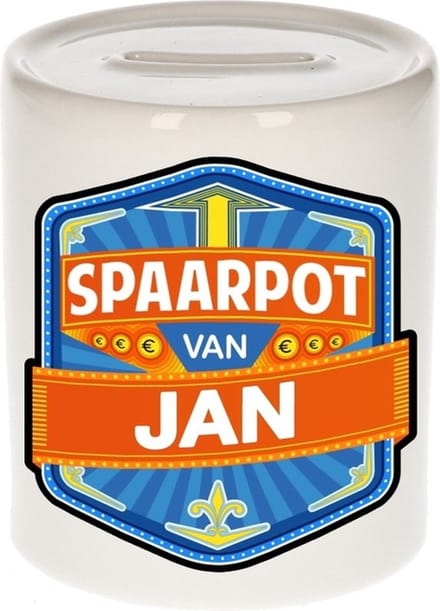 Bellatio Decorations Kinder spaarpot met naam - Jan - keramiek - met dop - wit - Sparen - Spaargeld van Jan