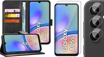 Hoesje geschikt voor Samsung Galaxy A05s - Screenprotector Glas & Camera - Portemonnee Book Case Zwart