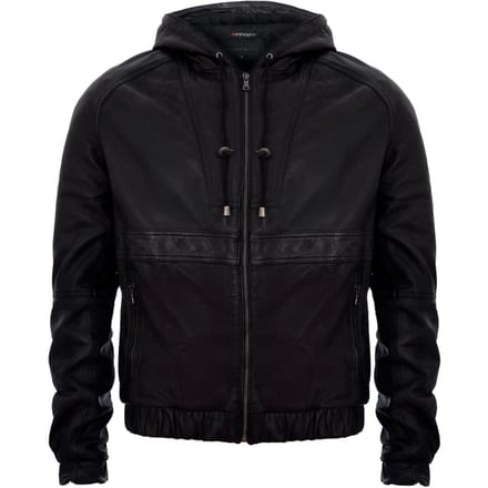 Leren bomber-bikerjack met rits en capuchon