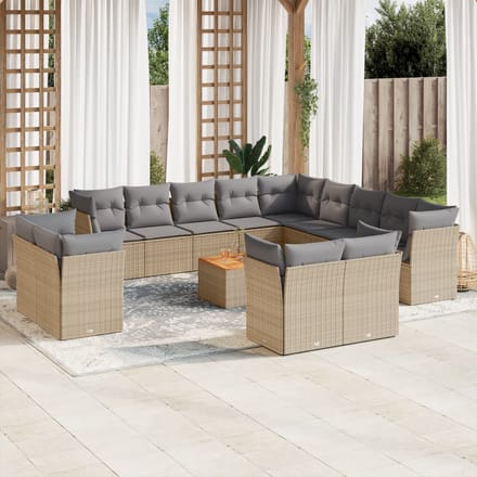 vidaXL - 14-delige - Loungeset - met - kussens - poly - rattan - gemengd - beige