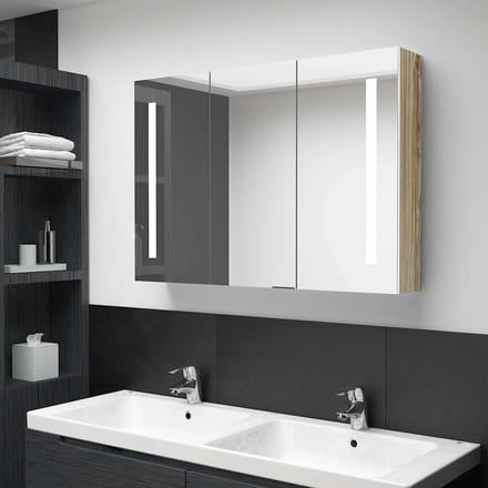 vidaXL - Badkamerkast - met - spiegel - en - LED - 89x14x62 - cm - wit - en - eikenkleurig