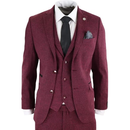 Heren 3-delig wijnvisgraatwol tweed retro pak