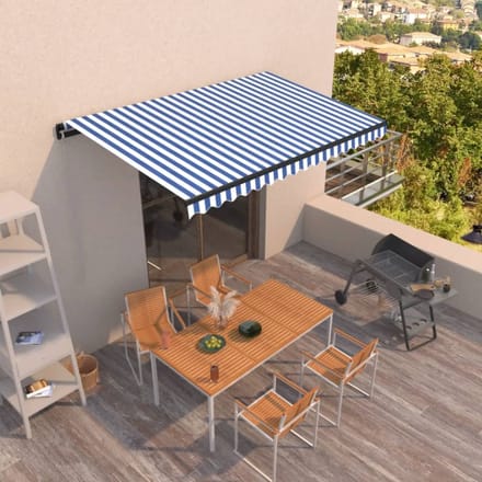 vidaXL - Luifel - handmatig - uittrekbaar - 400x350 - cm - blauw - en - wit
