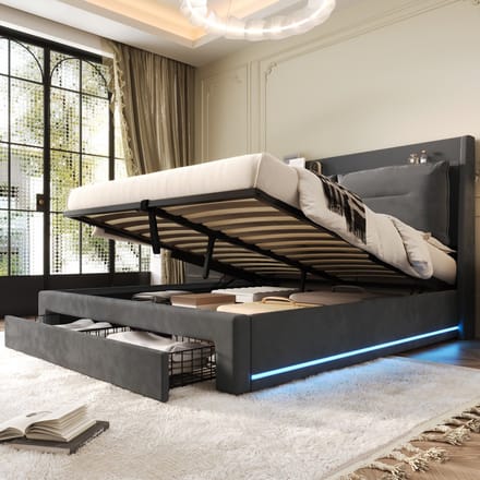Gestoffeerd bed - 140x190 cm - LED en Hydraulische Opbergruimte - 2-in-1 Laden - Fluweel - Grijs