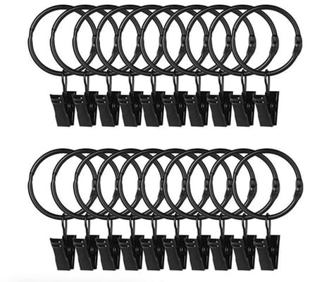 Gordijnringen met clips zwart 20 stuks