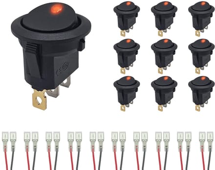 ProRide Wipschakelaar ON-OFF KCD2-12 - met Aansluitkabels - 3 pins - Rond - 12V/20A - LED indicator Rood - 10 stuks