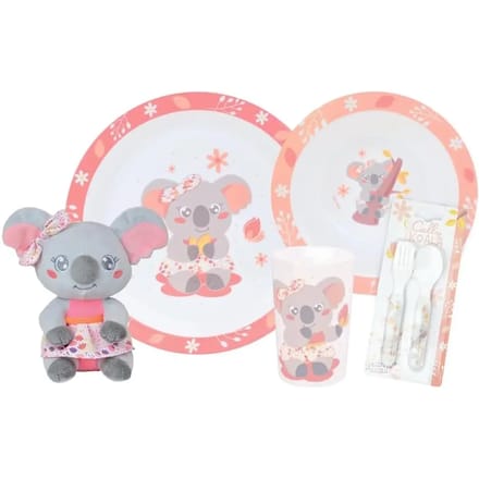 Servies: glas, bord, soepbord, 2 couverts en een kinderknuffel Fun House Mimi Koala