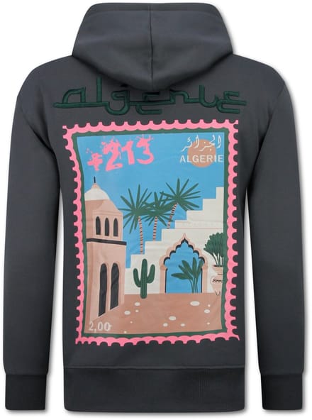 Oversized Hoodie Heren met Capuchon - Algerie Print - Dik Geweven - 5816- Grijs