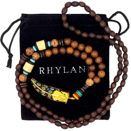Rhylane - Boho Mala Ketting Met Tand Hanger – Hout & Steen -Bruin - 80 cm