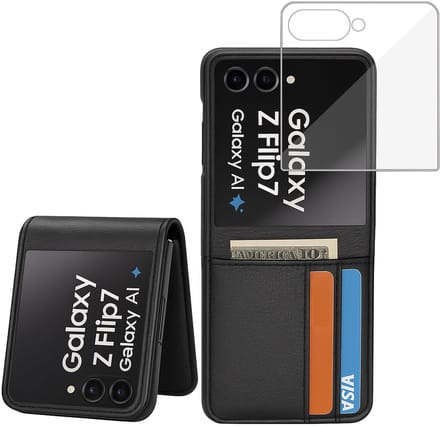 ChiGuard Wallet Case & screenprotector geschikt voor Galaxy Z Flip 7 – Book Case - Portemonnee - Diep Zwartleder