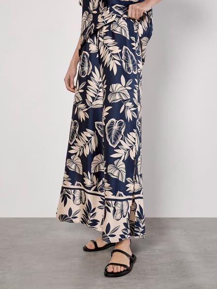 Tropical Leaf Print Satin Wide Leg Trousers