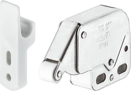Veersluiting met snapper, Mini-Latch, om te schroeven, snapper sluiting: vernikkeld/wit, tegenstuk: wit