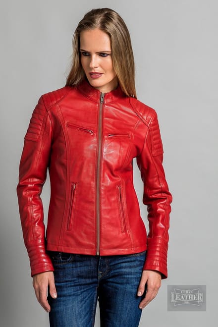 Urban 5884® - Angelina - Damesjas -Biker Model - Lams Leer - Soepel - Rood - Getailleerd - Maat L