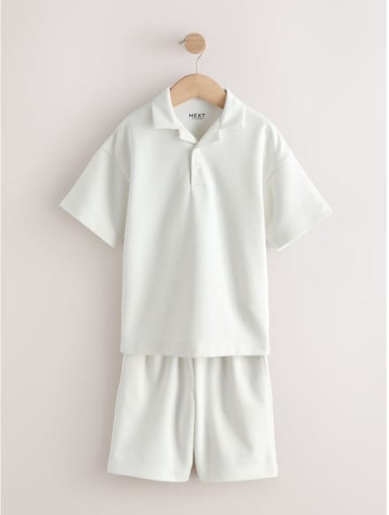 Next - Jongens - Set van getextureerd poloshirt met korte mouwen en short - Crème