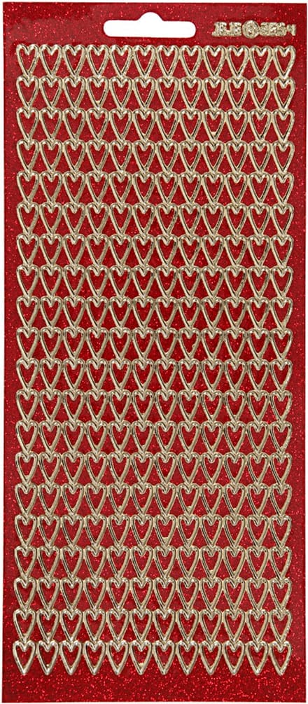 Stickers, harten, vel 10x23 cm, goud, rood glitter, 1 vel