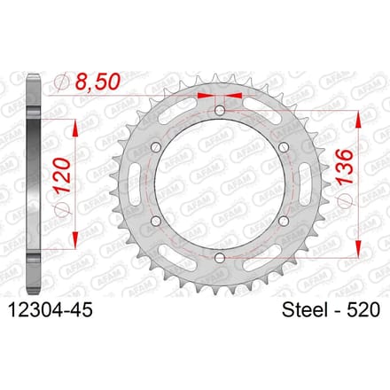 Stalen tandwiel Afam 520 45 dents