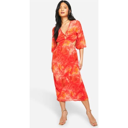 boohoo Dames Petite Bedrukte Chiffon Midaxi-Jurk | Rood | Maat: 36