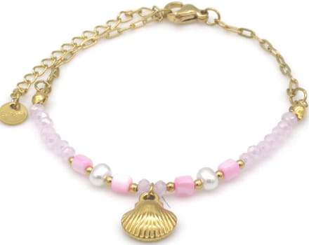 Dames Armband – RVS – Glaskralen & Schelp – Boho Stijl – Verstelbaar 16-21cm