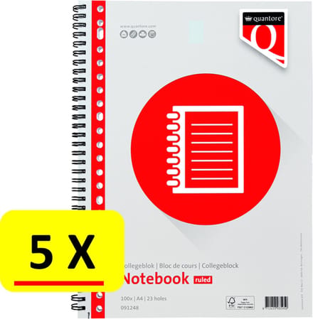 5 x Collegeblok Quantore - A4 - Lijn - 23-rings