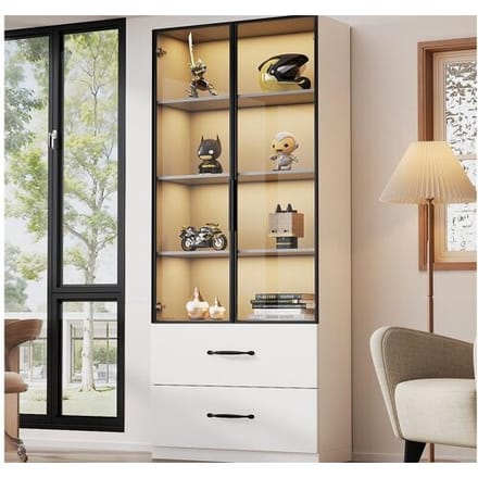 ModernLuxe Vitrinekast 60×40×160 cm - met LED-verlichting - 2 glazen deuren en 2 laden - aluminium frame - wit