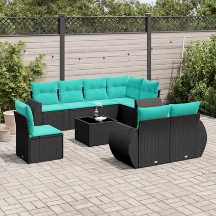 vidaXL - 9-delige - tuinbankset - met - kussens - van - zwart - polyrotan