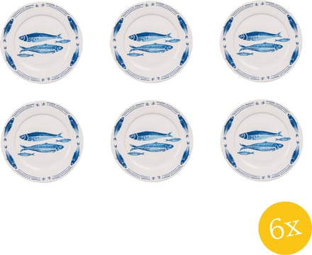 Clayre & Eef Dinerbord set van 6 stuks Ø 26 cm Wit Blauw Porselein Vissen Eetbord