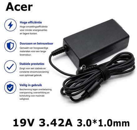 EISENZ Acer Laptop Adapter 19V 3.42A – Plug 3.0x1.0mm – Snelladen – Hoge Compatibiliteit - EZ1144