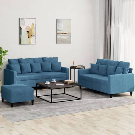 vidaXL - 3-delige - Loungeset - met - kussens - fluweel - blauw