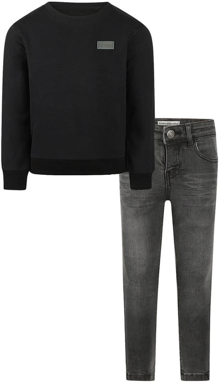 Koko Noko - Kledingset - Basic Collection - Bio Cotton - Dark grey jeans - Sweater with crewneck Black - Maat 122