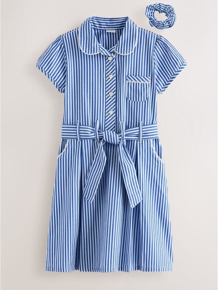 Next - Meisjes - Katoenrijke schooljurk met ceintuur en scrunchie - Blauw