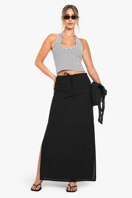 boohoo Dames Linnen trekkoord maxi rok | Black | Maat: 6