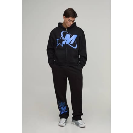 Oversized Boxy Trainingspak Met M-ster Grafische Print En Rits Met Capuchon | Black | Size Medium