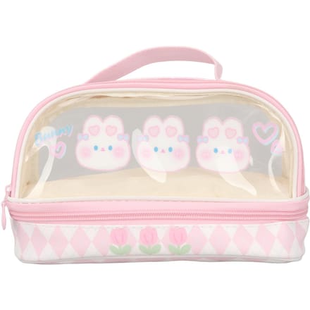 Schattig Konijn Pennenzak Konijnenpatroon Dubbellaags Waterdicht Transparant Kawaii Etui Roze white