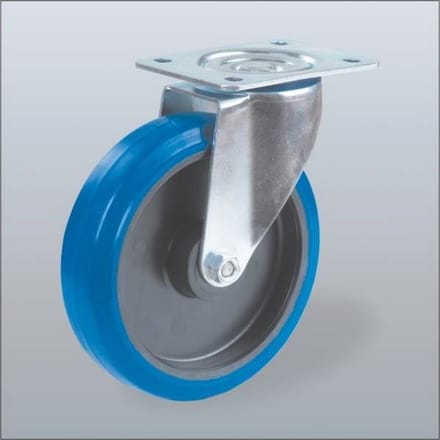 Blauw elastisch rubber zwenkwiel met topplaat - 100mm - 130kg