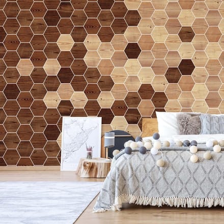 Fotobehang - Vlies Behang - Houten Hexagons Mozaiek - 416 x 290 cm