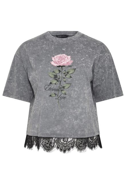 Limited Collection Grijs Tshirt Met Rozenprint En Kant Size 44