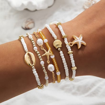 Sjika - Armbanden Set – 6 stuks – Schelp, Zeester & Parels – Boho Sieraden voor Dames