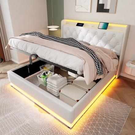 MODFU Bedframe 160x200 cm – Wit PU met 360° LED & getuft hoofdbord – Hydraulisch