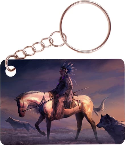 Sleutelhanger 6x4cm - Indiaan met Wolven Illustratie