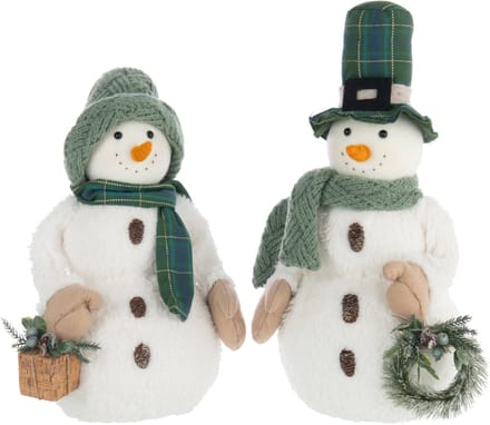 J-Line figuur Sneeuwman Jongen + Girl - polyester - wit/donkergroen - 2 stuks