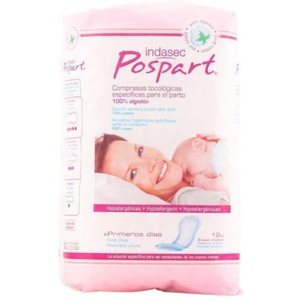 Indasec Pospart Compresses Tocologiques 100% Coton 12 Unités white