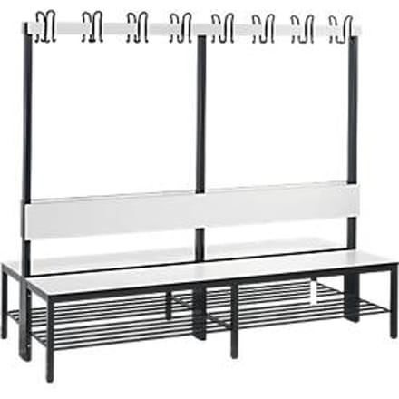 Garderobebank Basic Plus, 2-zijdig, rugleuning, met schoenenrek, basisframe zwart-grijs RAL 7021, B 1960 mm, decor wit