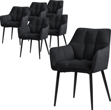 ML-Design eetkamerstoelen set van 2 gemaakt van badstof, zwart, keukenstoel met dikke gestoffeerde zitting & metalen poten, woonkamerstoel met rugleuning en armleuningen, ergonomische loungestoel