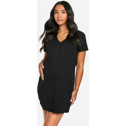 boohoo Dames Zwangerschaps Geribbeld Nachthemd met Knoopsluiting | Zwart | Maat: 40