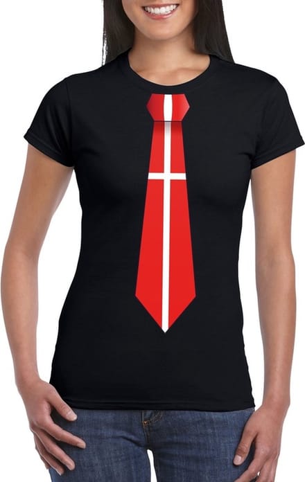 Zwart t-shirt met Deense vlag stropdas dames - Denemarken supporter M